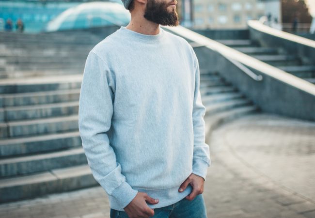 City,Portrait,Of,Handsome,Hipster,Guy,With,Beard,Wearing,Gray