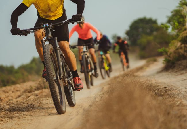 Group,Of,Asian,Cyclists,,They,Cycle,Through,Rural,And,Forest