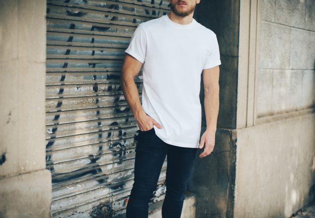 Bearded,Young,Man,Wearing,White,Blank,T-shirt,And,Blue,Jeans,